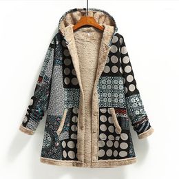 Women's Wool & Blends Winter Warm Coat 2022 Retro Printing Thick Fleece Hooded Long With Pocket Cotton And Linen Ladies Loose