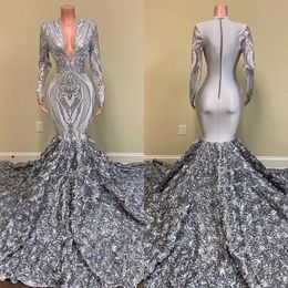Silver African Girls Long Prom Dresses 2022 Mermaid V Neck Full Sleeve 3D Flowers Train Women Formal Party Evening Gown C0408