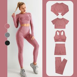 2 5 PCS Seamless Women Yoga Set Workout Sportswear Gym Clothing Fitness Long Sleeve Crop Top High Waist Leggings Sports Suits 220810