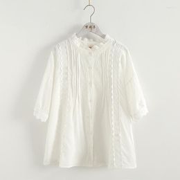 Women's Jackets 2022 Summer Style Sweet Organ Pleated Cotton Shirt Lace Stand Collar Short Sleeve Loose Wool White