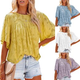 Womens 3/4 Bell Sleeve Blouse Summer Crewneck Lace Tops Floral Textured Babydoll Shirts