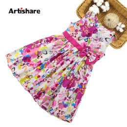 Girls Dresses Summer Children Floral 4 6 8 10 12 13 Year Bow Sleeveless Kids For Butterfly Clothes 220426