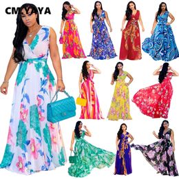 CM.YAYA Summer Women Long Maxi Dress V-Neck Print Night Club Party Beach Sexy Elegant Street Sashes Dresses Vestidos 220516