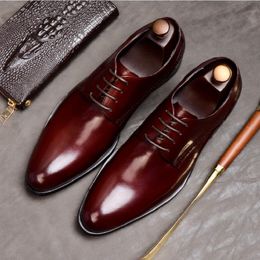 Men Genuine Leather Oxford Wedding Shoes Business Dress Flats Back Wine-Red Pointed Shoes For Man Da43
