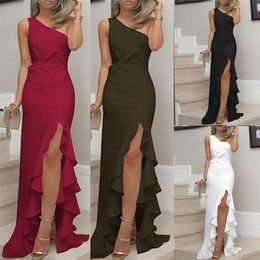 Women Sexy Sleeveless Ruffles Evening Dress Elegant High Split Party Ball Robe