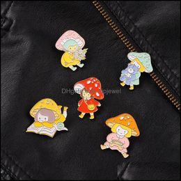 Pins Brooches Jewellery European Cartoon Mushroom Girls Model Pins Women Children Alloy Enamel Reading Bear Clothes Badge Flowers Cowboy Back