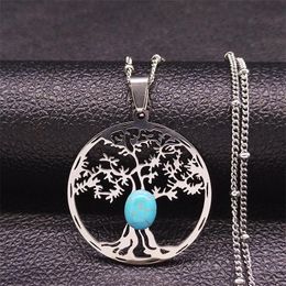 Pendant Necklaces Tree Of Life Natural Stone Stainless Steel Chain Women Silver Colour Boho Jewellery Colier Femme N1246S04Pendant