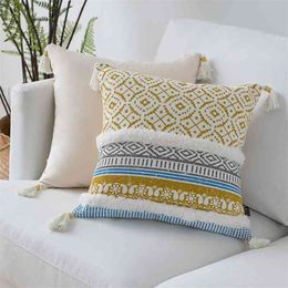 Blue Yellow Pink cushion cover Tassels Moroccan Style Pillow Case cover Woven for Home decoration Sofa Bed 45x45cm 210401