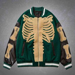 High Street Furry Bone Patchwork Baseball Jackets Mens Hip Hop Harajuku College Style Jacket Unisex Oversize Bomber Coats Male T220728