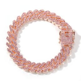 pink rose bracelet Canada - Link, Chain 12mm Bling Rhinestone Hip Hop Cuban Link Bracelets For Women Men Rose Gold Pink Diamond Rapper Hand Luxury Jewelry