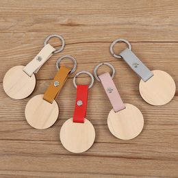 DIY Round Wooden Keychain Pendant PU Leather Keychain Luggage Decorative Key Chain Keyring