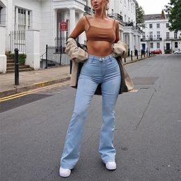 Washed Blue High Waist Jeans for Women Casual Vintage Skinny Straight Flare Pants Button Y2K 90S Korean Fashion Girl Trousers 210302