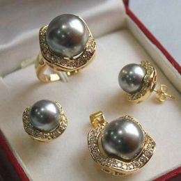 AAA 10mm Colour South Sea Shell Grey Pearl Earring Ring Necklace Pendant Set