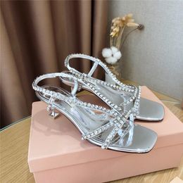 2022 Designer woman Sandals Rhinestone Pointed Toe Sandal Two-color Stitching Heels 5.5cm Metallic Fabric Sandals Size 35-41
