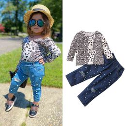 girl outfits UK - Citgeett Autumn Kids Baby Girls Clothing Sets 1-6Y Leopard Printed Long Sleeves Sweater Tops Pearl Hole Denim Pants Spring Suit J220712