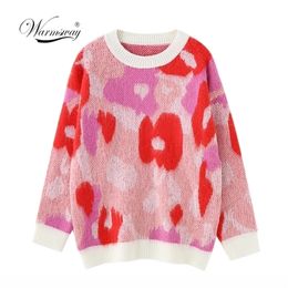 Autumn Winter Mohair Sweater Women's Pullover O-neck Long Sleeve Flower Pattern Sweet Knitting Jumper Top pull femme C-074 201222