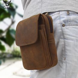 Flanker crazy horse leather men waist pack vintage small waist bag hook hip bag belt bag travel fanny pack with cell phone pouch 201119