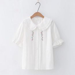 ladies white short sleeve ruffle blouse Canada - Women's Blouses & Shirts Japanese Solid Color Embroidered Shirt Ruffled Doll Collar Short-sleeved Ladies Top 2022 Summer White Blouse WomenW
