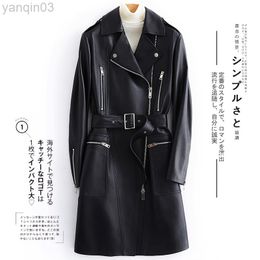 Lautaro Autumn Black Long Faux Leather Jacket Women with Many Pockets Zipper Belt Lapel Spring Leather Trench Coat for Women L220801