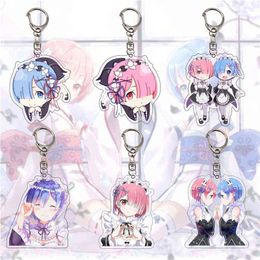 Japanese Anime Re:Life In A Different World From Zero Keychain Rem Ram Cartoon Figures Acrylic Keyring Toys Bag Pendant Ornament Y220413