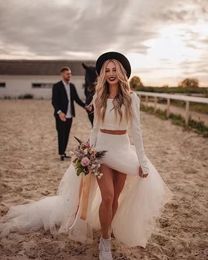 Two Piece Bohemian Mermaid Wedding Dress Simple Long Sleeve Tulle Boho Beach Wedding Gowns Crew Neck Ivory Country Bridal Formal Wear Engagement 2022 Robe De Mariage