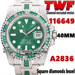 2022 TWF ey126610 t116610 A2836 Automatic Mens Watch i116649 Emerald Square Diamond Bezel Green Dial 904L Steel Iced Out Diamond Two Tone Bracelet Eternity Watches