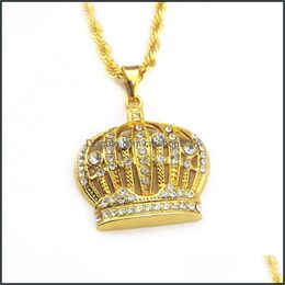 Pendant Necklaces Pendants Jewelry Hip Hop Iced Out Crystal Gold Plated Crown Necklace With Chain For Men Women Fa Dhv7P