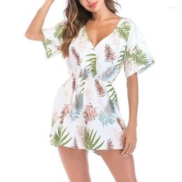 Women's Jumpsuits & Rompers 2022 Leaves Print Surplice V Neck Romper Nonelastic Short Sleeves V-Neck Playsuits Holiday Leaf Mini Women Summe