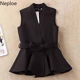 Neploe Ruffles Tank Tops Women Korean V Neck Sleeveless Office Lady Camis Spring Solid Lace Up Slim Fit Female Vest 1B502 220316