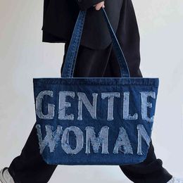 Vintage Blue Denim Large Women Tote Handbag Summer Simple Stylish Beach Travel Bag Big Capacity Work Shoulder Purse 220616
