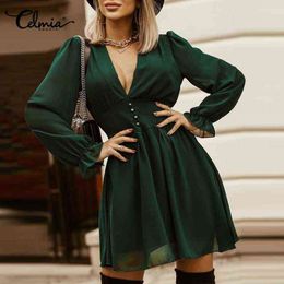 Celmia 2022 Women Elegant Sheer Dress Fashion Long Puff Sleeve Chiffon Mini Dresses Vintage High Waist Shirring Party Vestidos Y220401