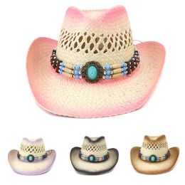 Berets Pink Cowboy Hat Panama Hand-woven Hollow Straw Summer Vacation Beach Female European And American Style Outdoor Sun HatBerets