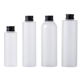 Packing Frosted Plastic Bottle Flat Sholder Round Shoulder PET Black Aluminium Cover With Plug Portable Refillable Cosmetic Packaging Container 100ml 150ml 200ml