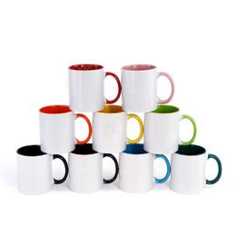 11oz Hot selling billet sublimation ceramic mug color handle inner color DIY transfer heat press printing water mugs by sea Inventory DAT467