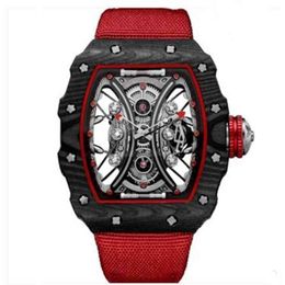 Swiss ZF Factory Watch Date Luxury Watch Mens Wristwatch Fashion Hollow Automatic Mechanical Black Carbon Fiber Case Red Canvas Male Women Bi