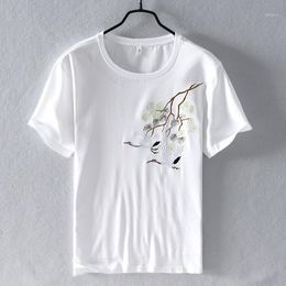 Men's T-Shirts Chinese Style Short Sleeve Summer Men O-Neck Collar Slim Bird Floral Embroidery Casual Tees Tops Male