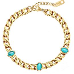 Link, Chain Natural Turquoise Bracelet Stainless Steel Cuban Chains Simple Fashion Charm Bracelets Valentine's Day Gifts Jewellery Wholesale