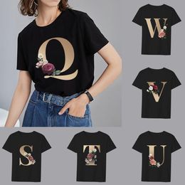 Womens Summer Black T-shirt 26 English Letter Printing Series Casual Slim Top Commuter Fashion Harajuku Ladies Short Sleeve