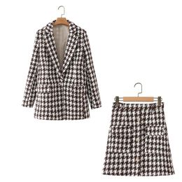 Two Piece Dress ZXQJ Vintage Women Houndstooth Brown Tweed Skirts Suits 2022 Summer Fashion Ladies Streetwear Sets Girls Casual