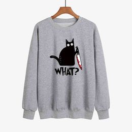 New Halloween Fun Print What Blood Dripping Dagger Black Cat Personalized Pattern Loose Round Neck Sweater
