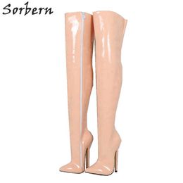 Sorbern Nude Over The Knee Boot Mid Thigh High Hard Shaft Boot 18Cm Heels Dominatrix Pointy Toe Custom Big Fetish Shoe