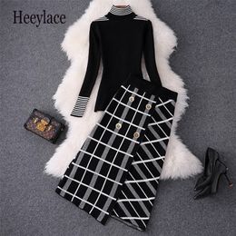 Elegant Women Autumn Winter Clothing Set Turtleneck Knitted Sweaters Tops And Cut Plaid Knitted Skirts Suit Office Ladies Sets 220719