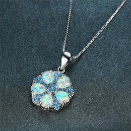 Pendant Necklaces Cute Female White Opal Necklace Charm Blue Crystal For Women Boho Silver Color Flower Wedding NecklacePendant