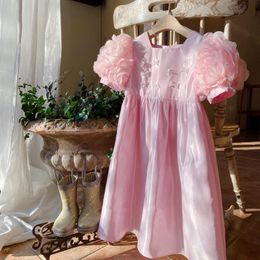 Girl's Dresses Kids Clothes Girls 3d Rose Princess Dress 2022 Summer Beading Bow Flower Girl Party Pink Children Es Vestidos 18m-7y