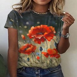 Womens Floral Short Sleeve T Shirts Outdoor Streetwear Summer Polyester Fabric Crew Neck Top Art Graphic Shirt
