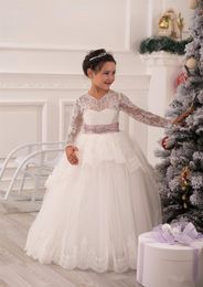 Girl's Dresses White Ivory Long Sleeve First Communion Cute Little Girls Pageant Tulle Ball Gown Flower