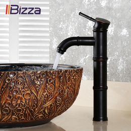 Black Brass Waterfall Bathroom Sink Faucet Vessel Tall Bamboo Water Tap Retro Bronze Oil Rubbed