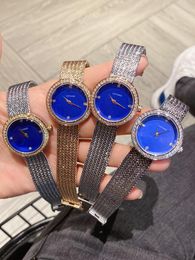 Wristwatches Women Round Circle 4 Dimond Watch Blue Dial Stainless Steel Mesh Buckle Clock Satine Magnet Clasp Wrist WatchWristwatches Wrist