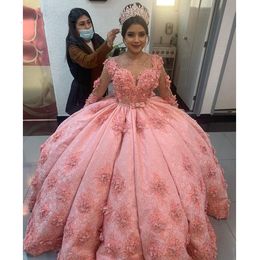 Pink puffy Quinceanera Dresses Appliques Beaded Long Sleeve Ball Gown Tulle Bodice Formal 16 Year Prom Party Dress