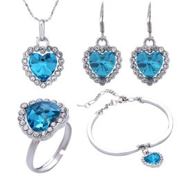 -Moda Jóias Oceano Coração Colar Azul Coração-Em Forma de Cristal Pingente Eletrago Liga Brincos De Diamante Bracelete De Prata